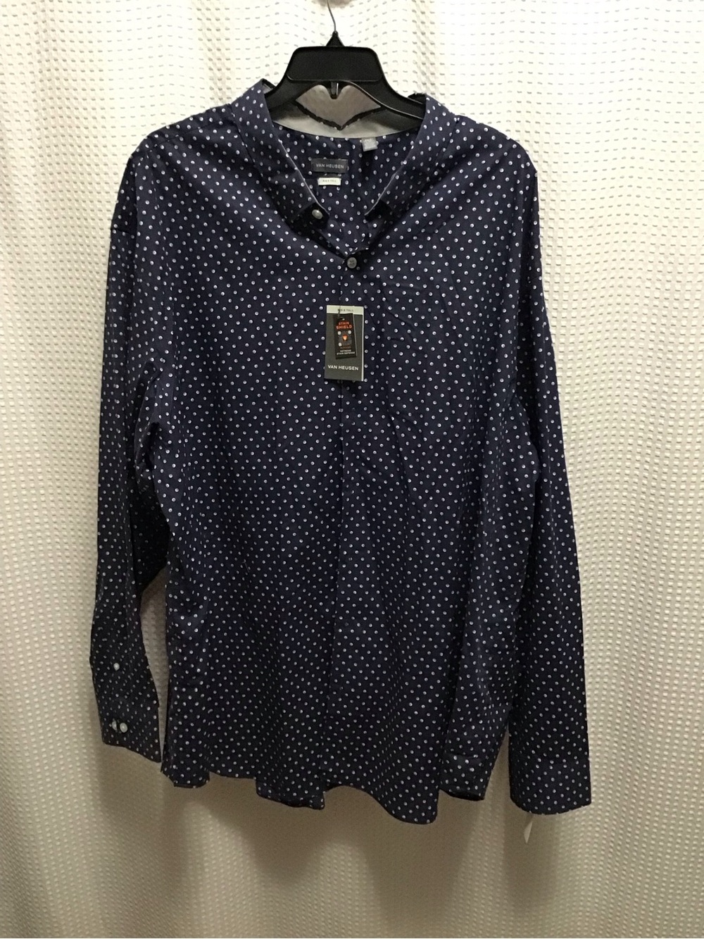 Van Heusen Navy Button-Down Shirt with White Polka Dots